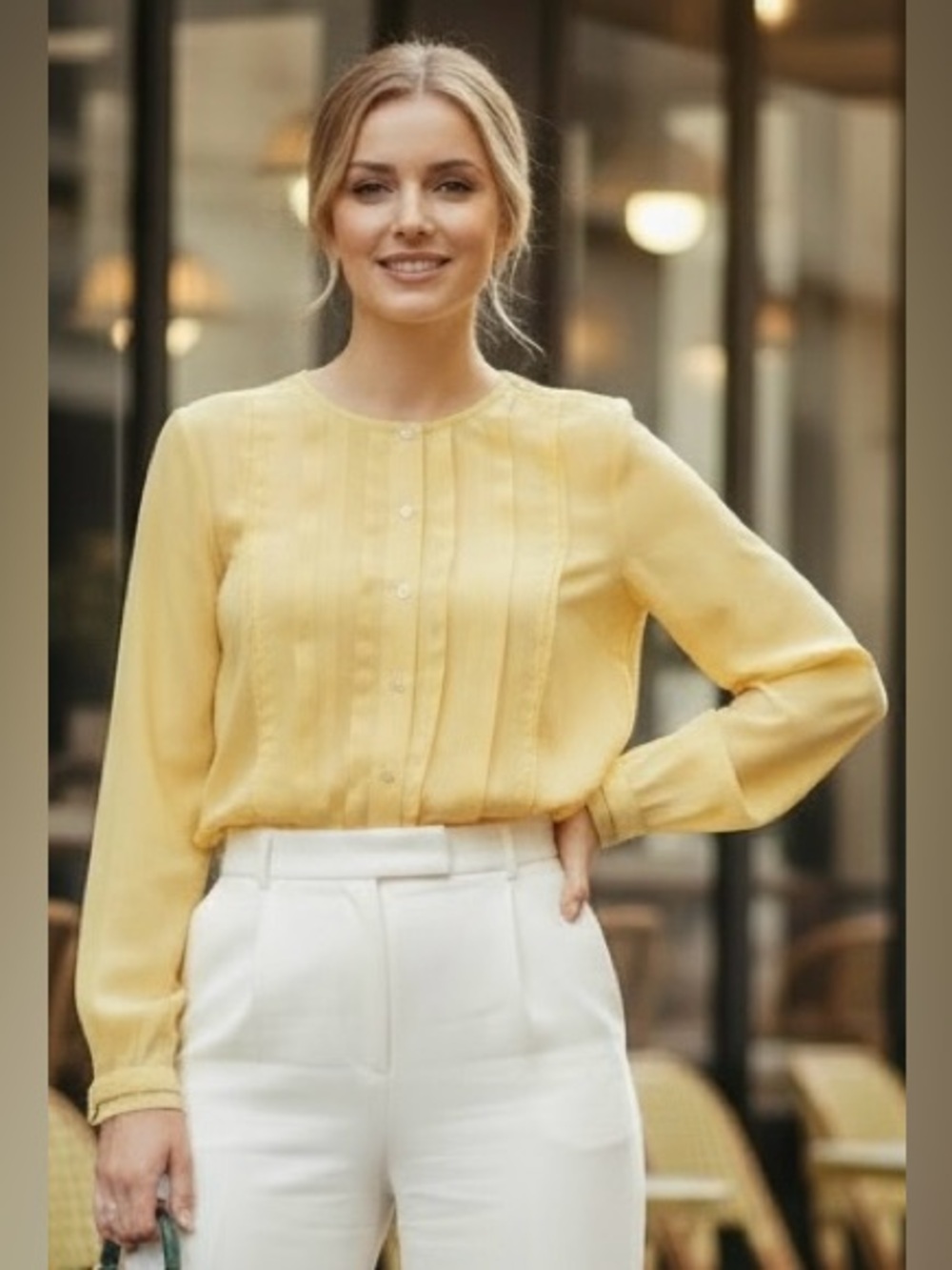 Helios & Luna 100% Silk Yellow Ruffle Bib Button Front Blouse Size 6